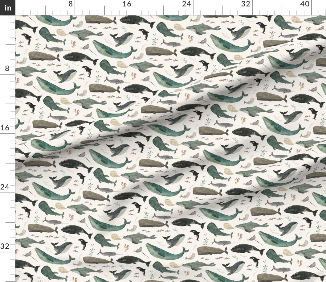 Whale Sea Life Ocean Green Charcoal Gray Swimming Nautical Animals Whimsical Beach Watercolor Trendy Custom Printed Fabric by Spoonflower Various Fabrics by the Yard or Fat Quarter