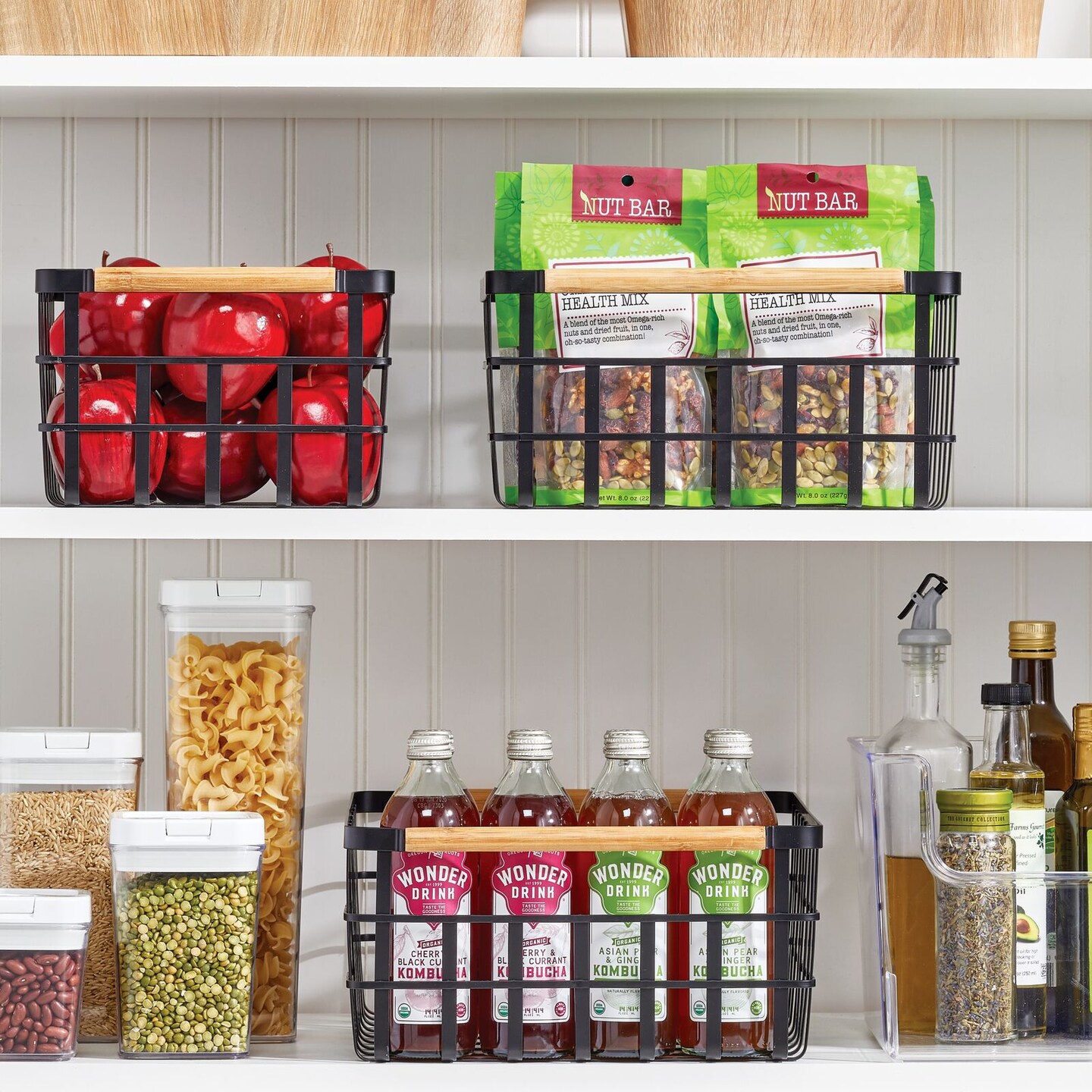 mDesign Metal Food Organizer Storage Bins with Bamboo Handles - 4 Pack