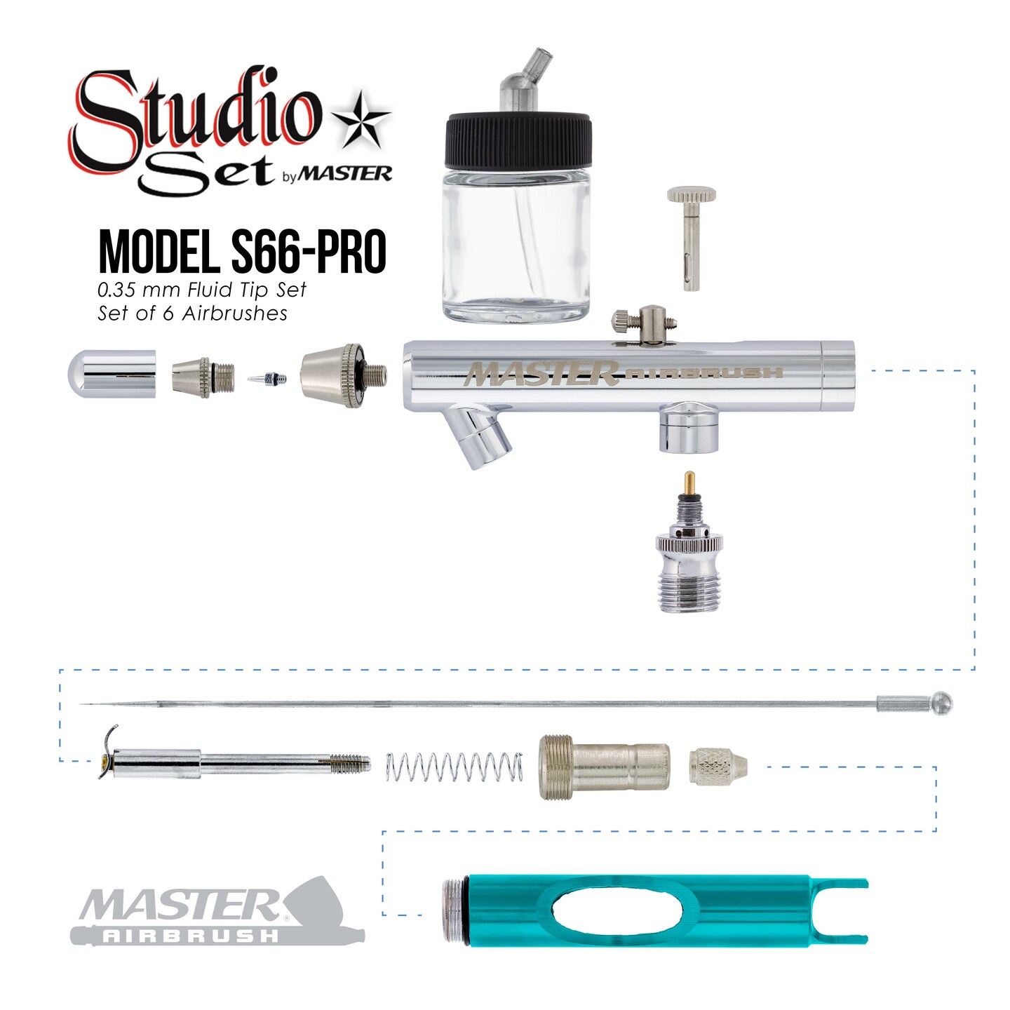 6 Master Performance MultiPurpose Precision DualAction Siphon Feed Airbrushes with Twin