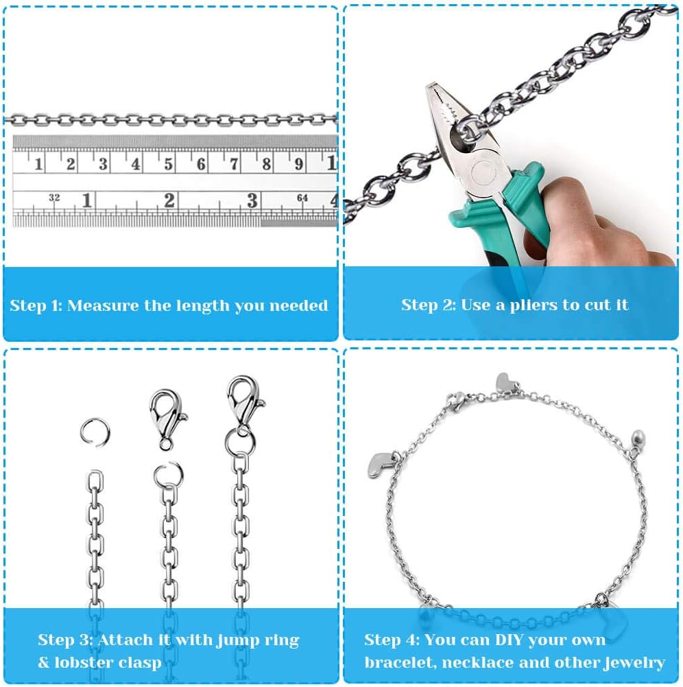 50 Feet Stainless Steel Chains for Jewelry Making, Jewelry Chain Bulk Small Metal Chains with 100 Jump Rings 30 Lobster Clasps for Necklace Making Bracelet DIY