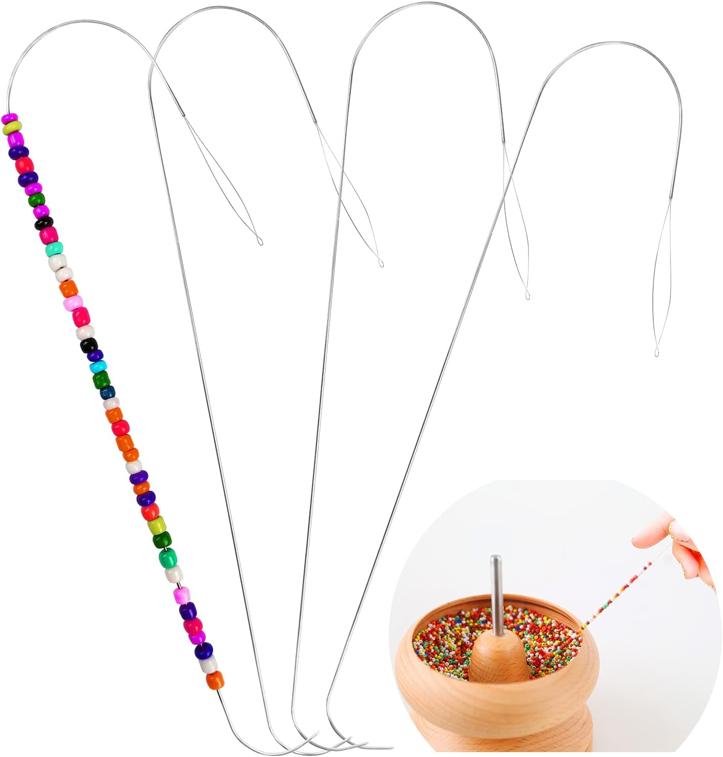 Clay Seed Three Generation 4 Pcs Big Eye Curved Beading Needles,Stainless Steel Bead Spinner Needles for Bracelet Necklace Jewelry Making (Needle)