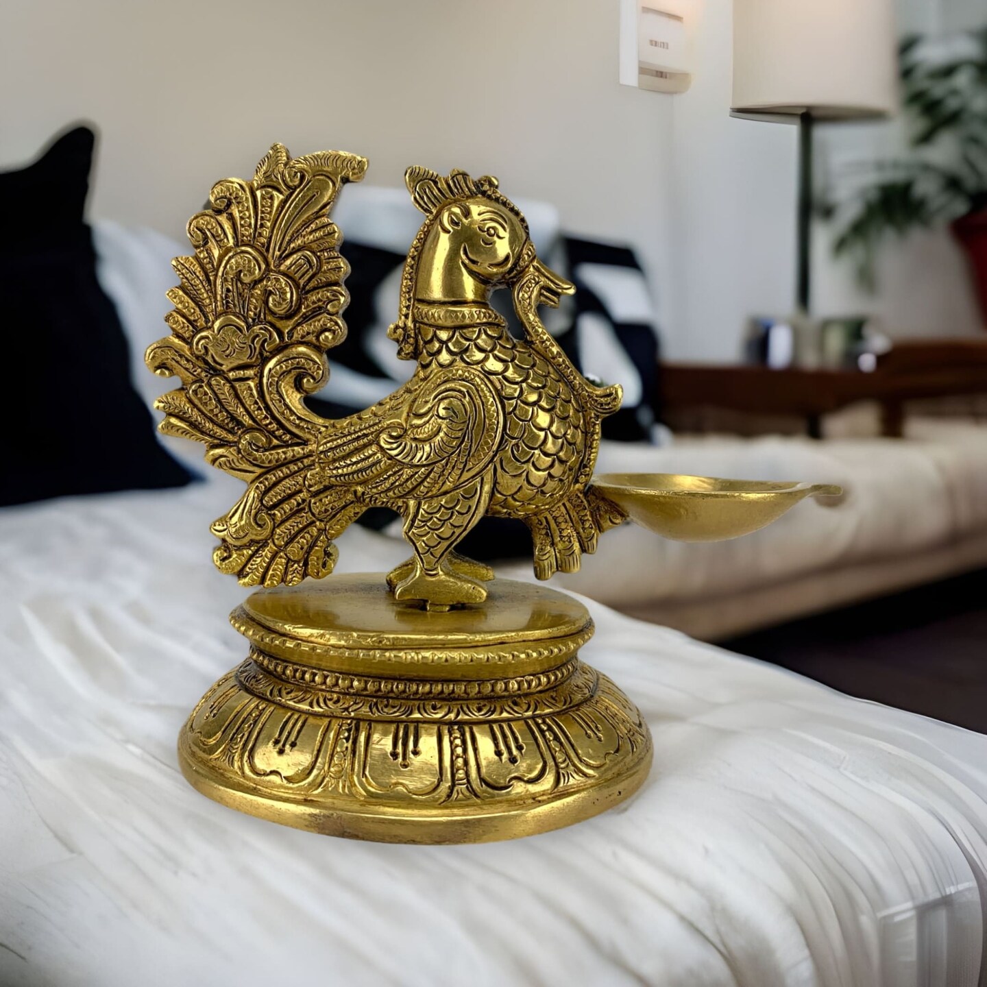 Brass Peacock Diya Annam Deepak Idol Oil Lamp Deepam with Base for Home Temple Mandir Office Diwali Decoration Kathu Vilakku Puja Diya - Deepawali Housewarming Return Gift