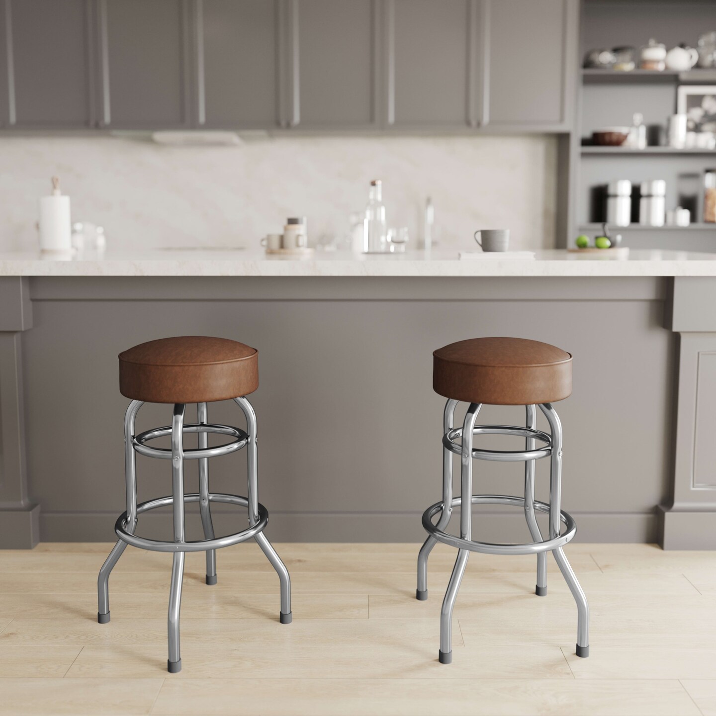 Emma and Oliver Retro Backless Double Ring Chrome Restaurant Dining Barstool