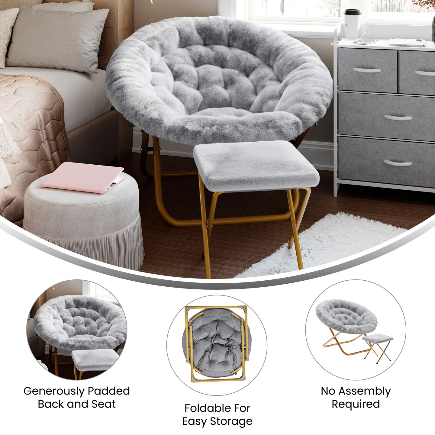 Emma and Oliver Ersa Oversize Folding Saucer Moon Chair and Ottoman for Dorm and Bedroom with Steel Frames