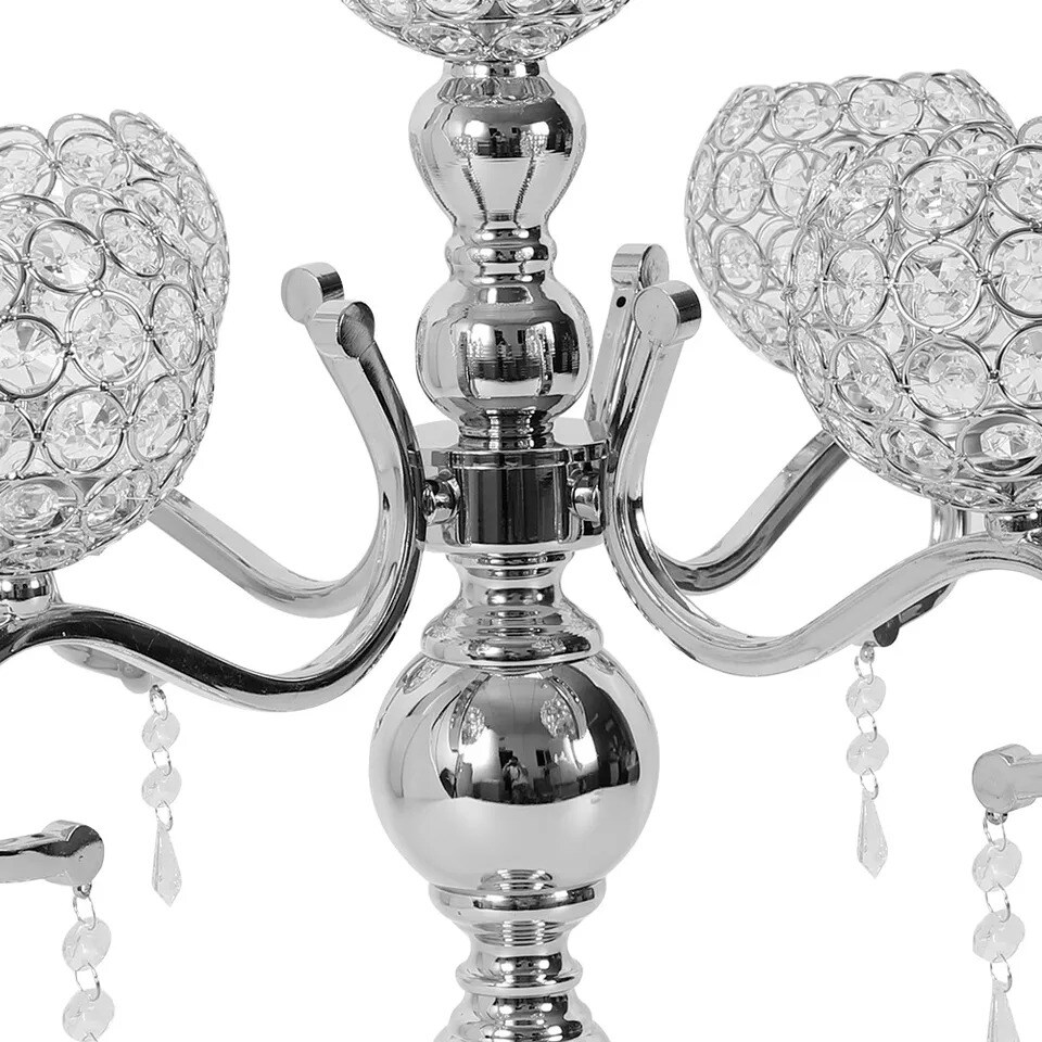 5-Arm Elegant Silver Crystal Candelabra Holders Wedding Table Centerpieces