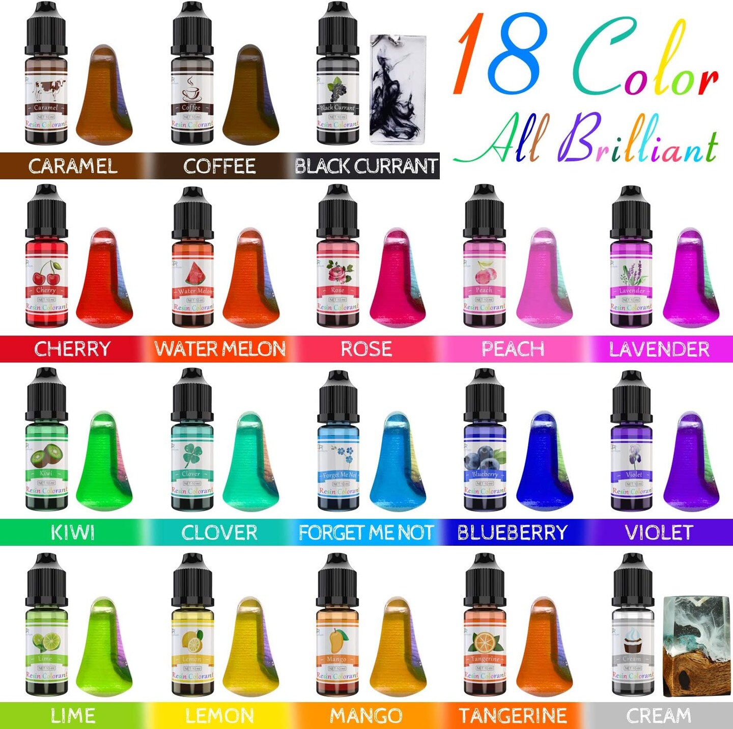 18 Color Liquid Epoxy UV Resin Dye Transparent Colorant for UV Resin Coloring, DIY Resin Art Jewelry Making - Concentrated UV Resin Colorant for Paint, Crafts - 0.35 oz/10ml Each