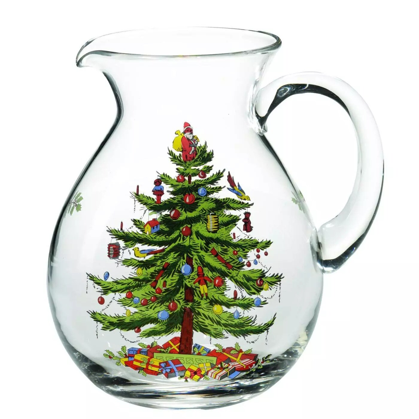 Spode Christmas Tree Santa 6 Pint Glass Pitcher, Handled Decorated Holiday Jug