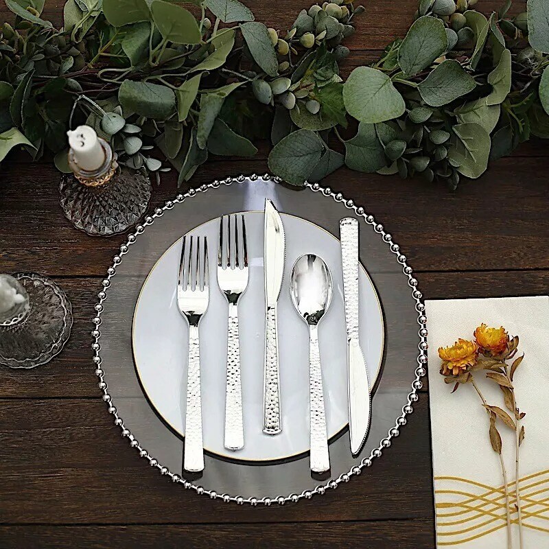 SILVER 24 Hammered Design 7&#x22; Plastic CUTLERY Spoons Forks