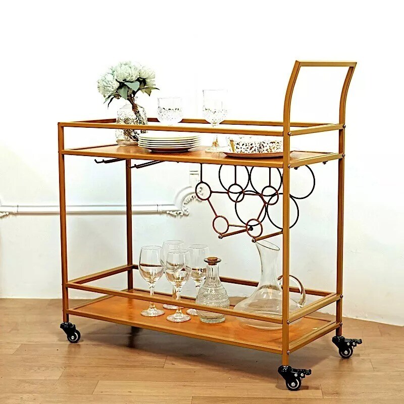GOLD 3ft tall 2-Tier Rectangular Metal Bar Cart Wooden Serving Trays