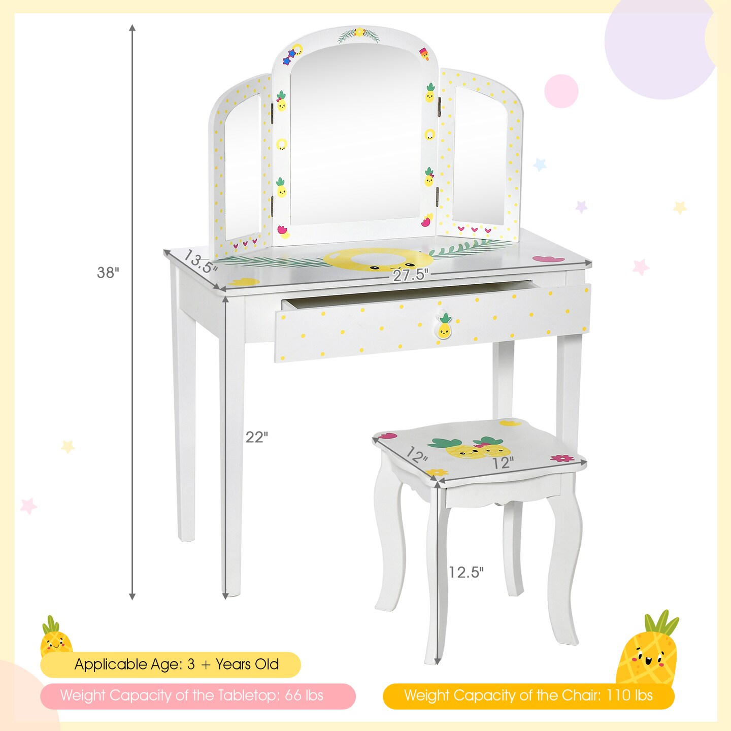 Kids Vanity Table Set With Tri-folding Mirror And Large Drawer-White