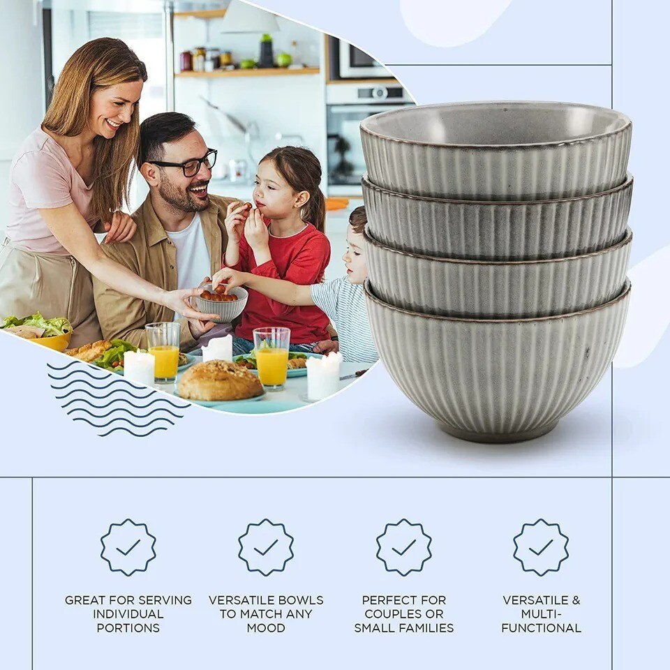 American Atelier Fluted Cereal Bowls Set of 4, Stoneware Soup Bowls, Gray