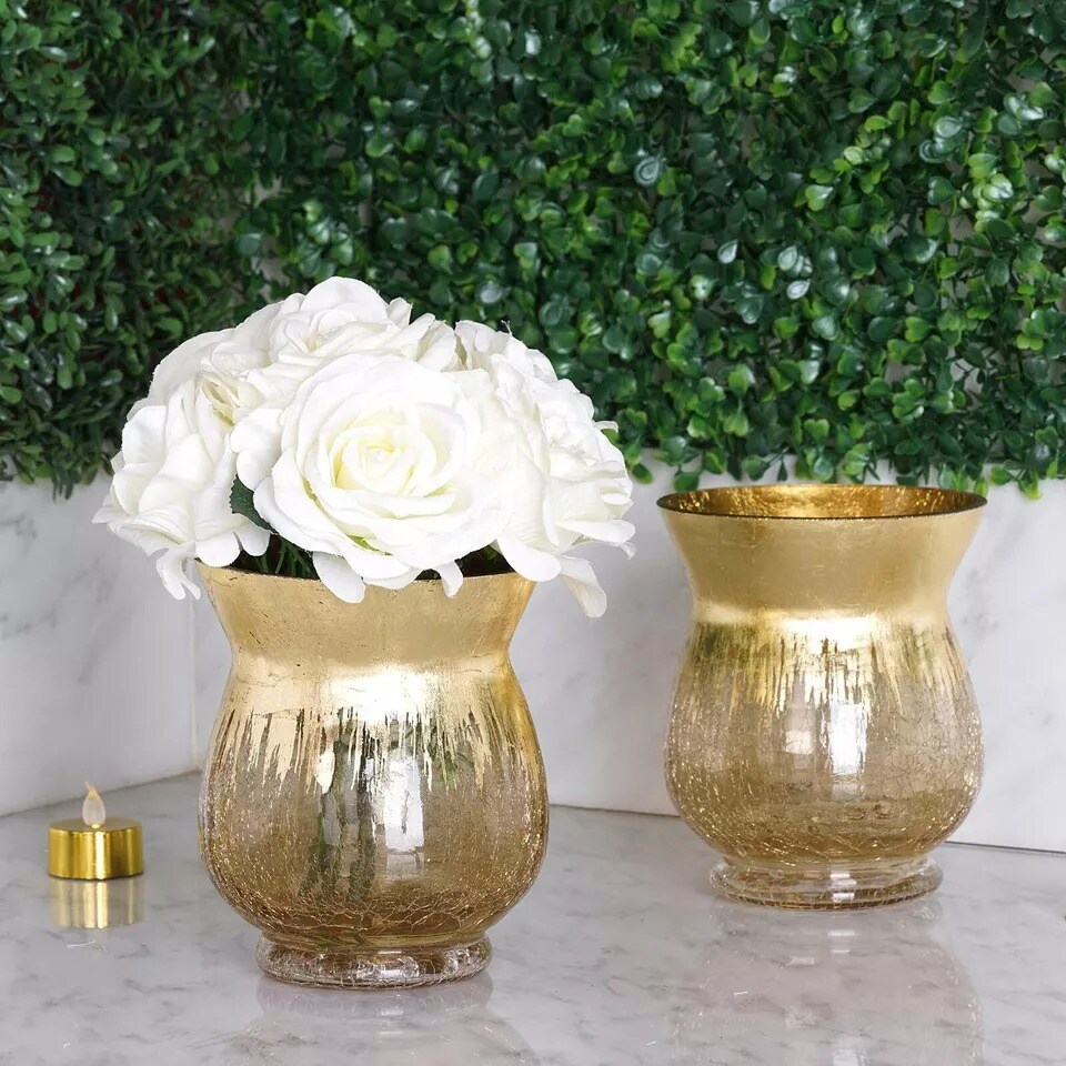 4 GOLD 6&#x22; tall Crackle Glass Candle Holders Vases