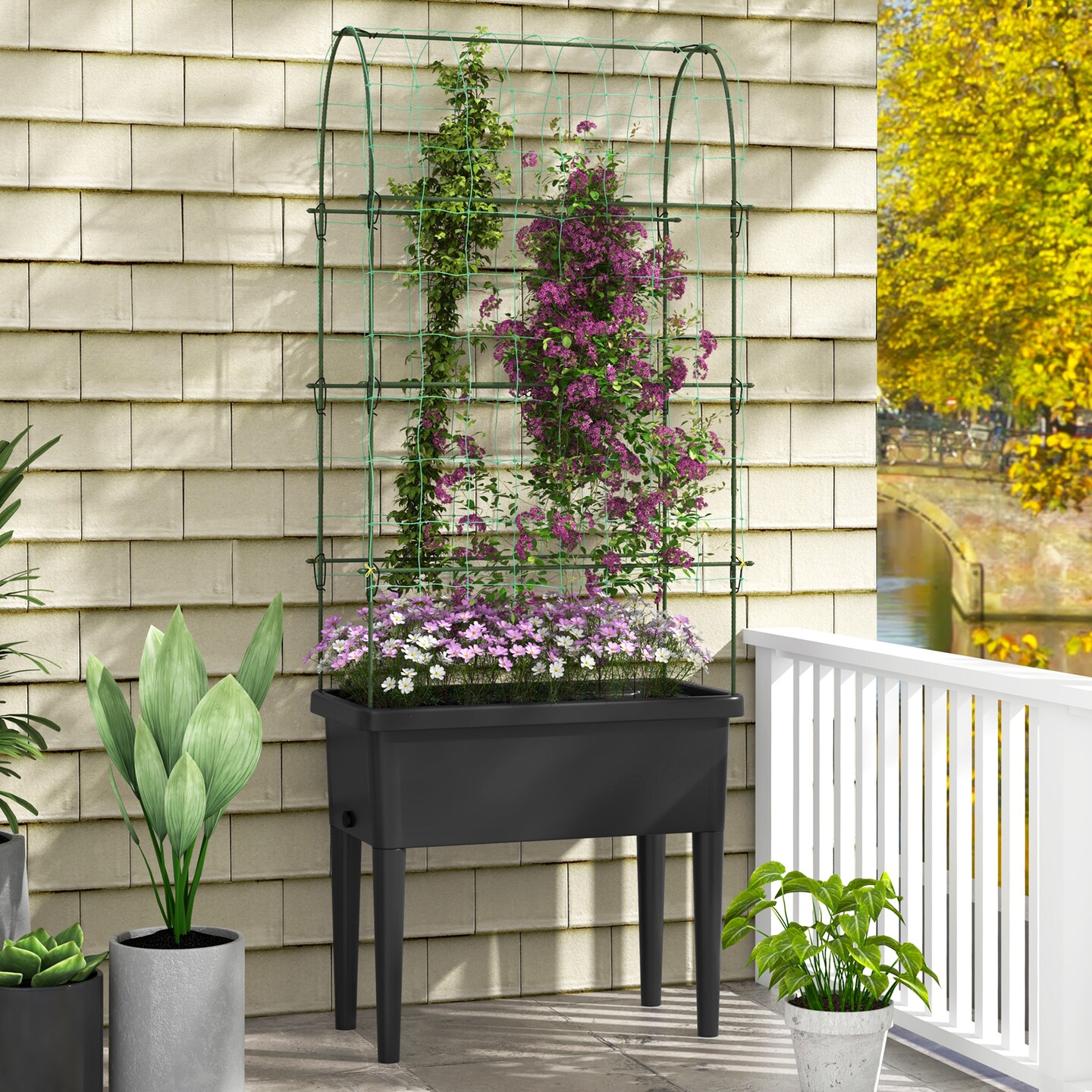 Self-watering Raised Garden Bed Elevated Planter With Climbing Trellis-black