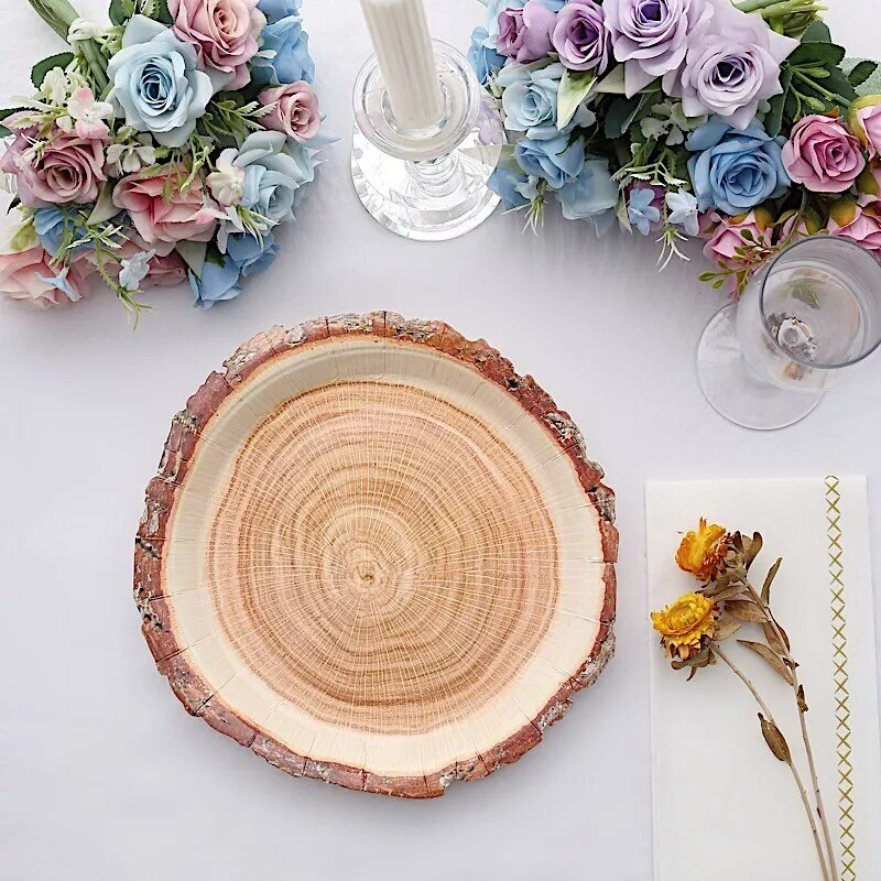 25 NATURAL 10&#x22; Wood Slice Design Round Paper PLATES