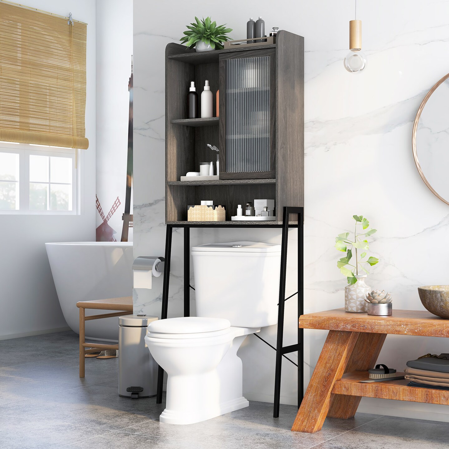 Over The Toilet Storage Cabinet With Sliding Acrylic Door And Adjustable Shelves-Gray