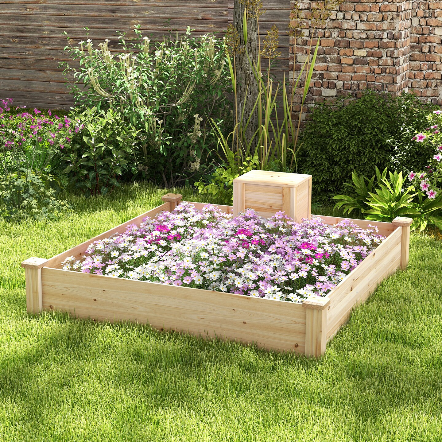 49&#x22; X 49&#x22; X 10&#x22; Raised Garden Bed With Compost Bin And Open-ended Bottom-Natural