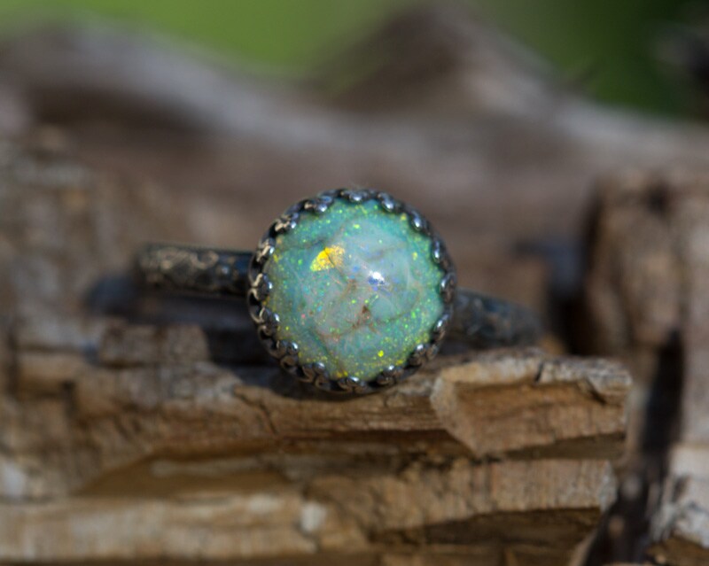 Opal Ring * Solid Sterling Silver Ring* Full Moon * Monarch Opal * Celestial Pattern Band * Full Moon * 14x10mm* Monarch Opal *  Any Size