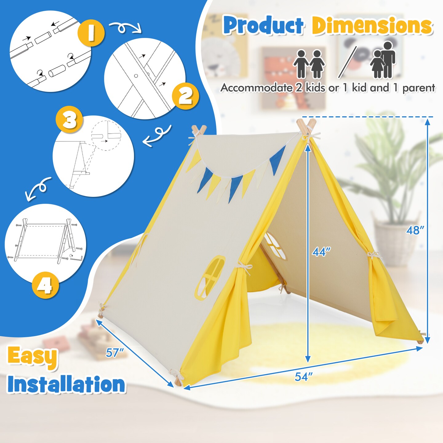 Kids Play Tent With Solid Wood Frame Holiday Birthday Gift &#x26; Toy For Boys &#x26; Girls