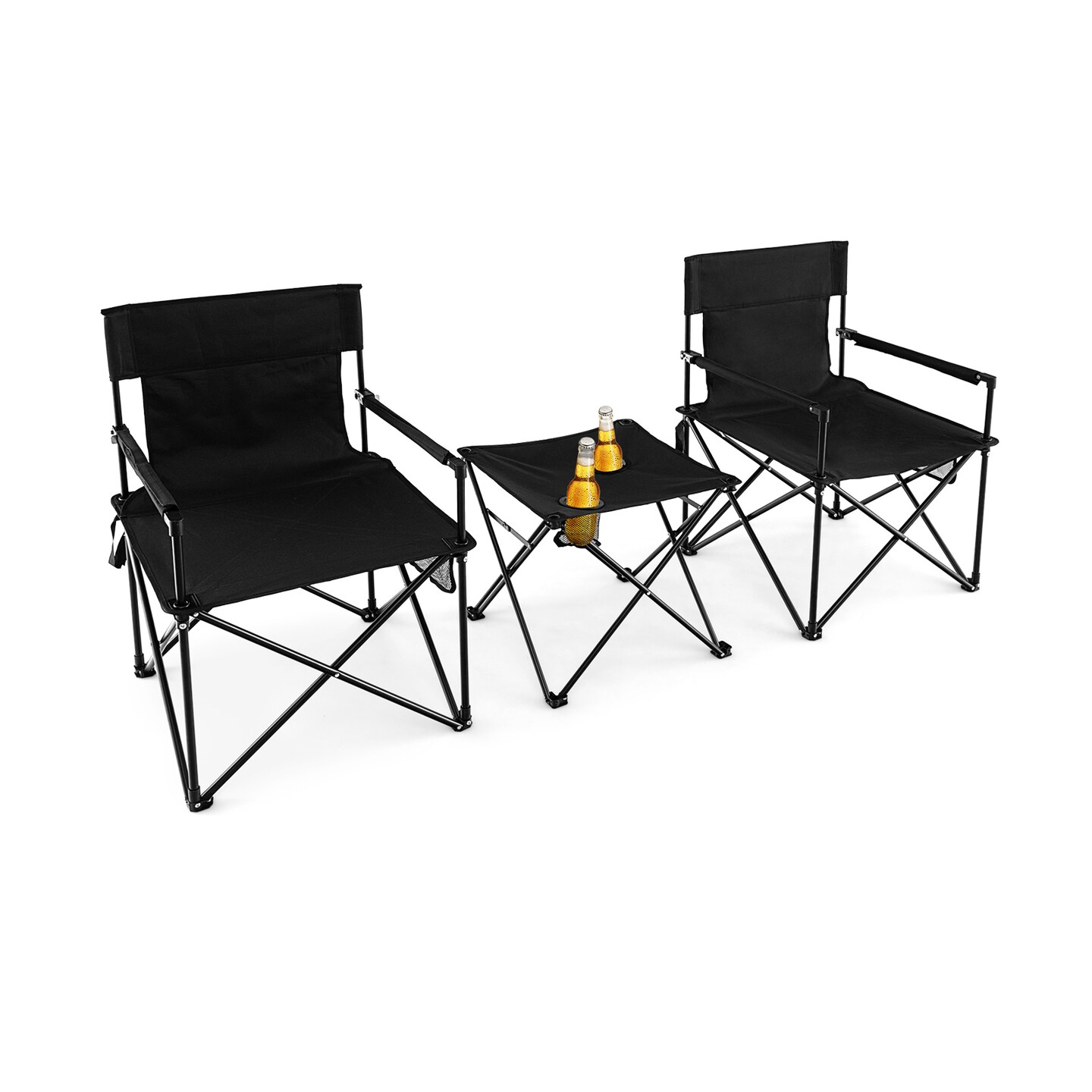 Black Folding Camping Chair Set 2 Chairs 1 Table 400 lbs Capacity with Cup Holder