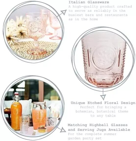 Bormioli Rocco Romantic Stemware Drinking Glass 4 Set 10.75 oz Cotton Candy Pink