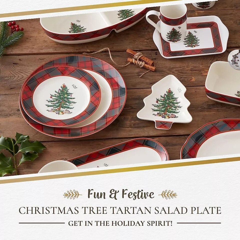 Christmas Tree Tartan Salad Plate, 7.75-Inch Dishwasher and Microwave Safe