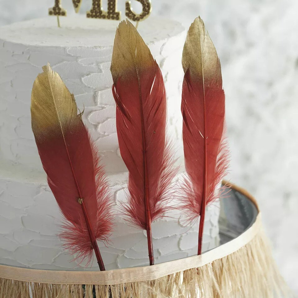 90 BURGUNDY with Metallic Gold Tip Natural Goose Feathers