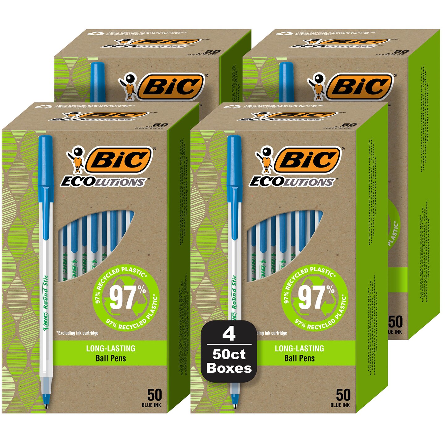 BIC Ecolutions Round Stic Ballpoint Pens, Medium Point (1.0mm), 200-Count Pack,Pens Made from 97% Recycled Plastic