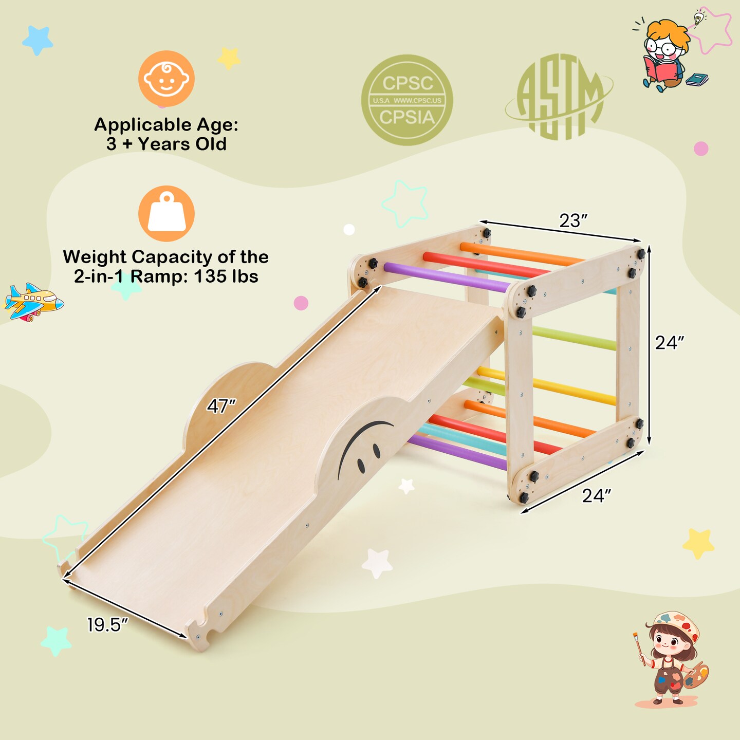 Climbing Triangle Ladder Toy Indoor Jungle Gym With Reversible Ramp-multicolor