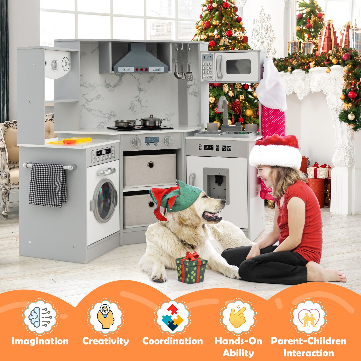 Wooden Kids Play Kitchen Playset With Realistic Lights And Sounds