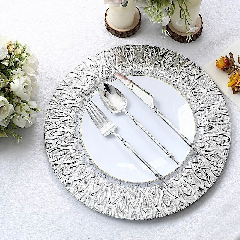 SILVER 6 Plastic 13" Round CHARGER PLATES Embossed Peacock Pattern
