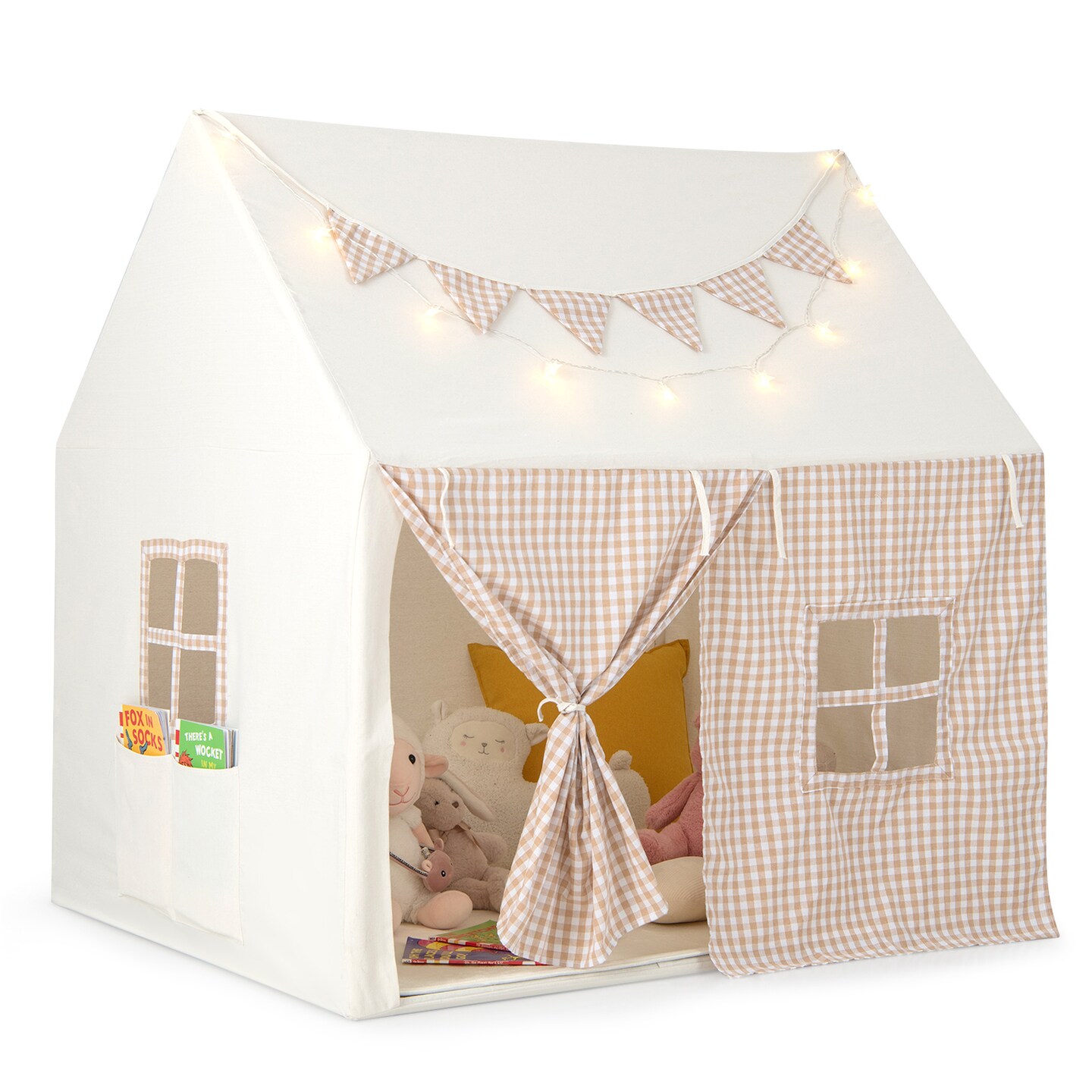 Kids Play Tent Large Playhouse With Padded Mat And 2 Breathable Windows-beige