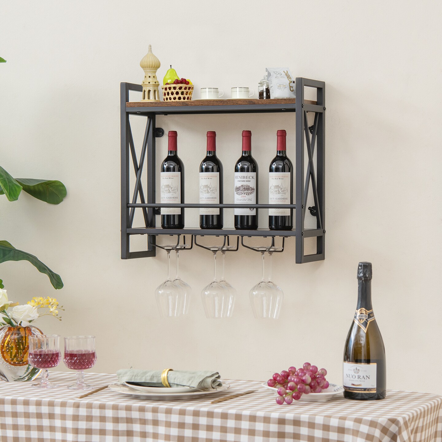 Industrial Wall Mounted Wine Rack With 3 Stem Glass Holders