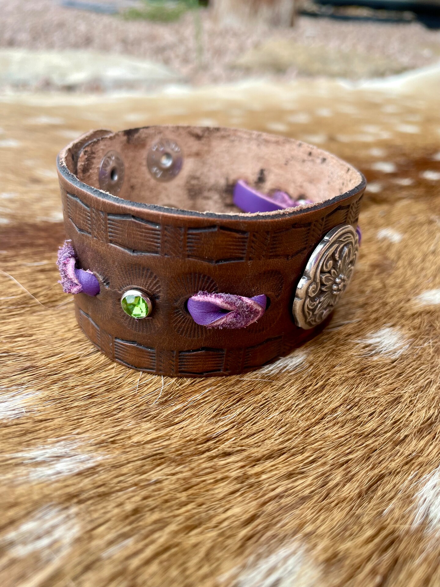 Brown Leather cuff bracelet, western tooled gift for women, floral