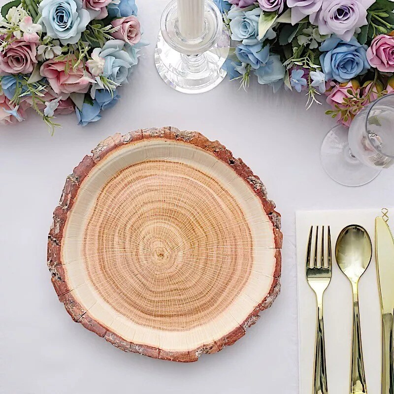 25 NATURAL 10&#x22; Wood Slice Design Round Paper PLATES