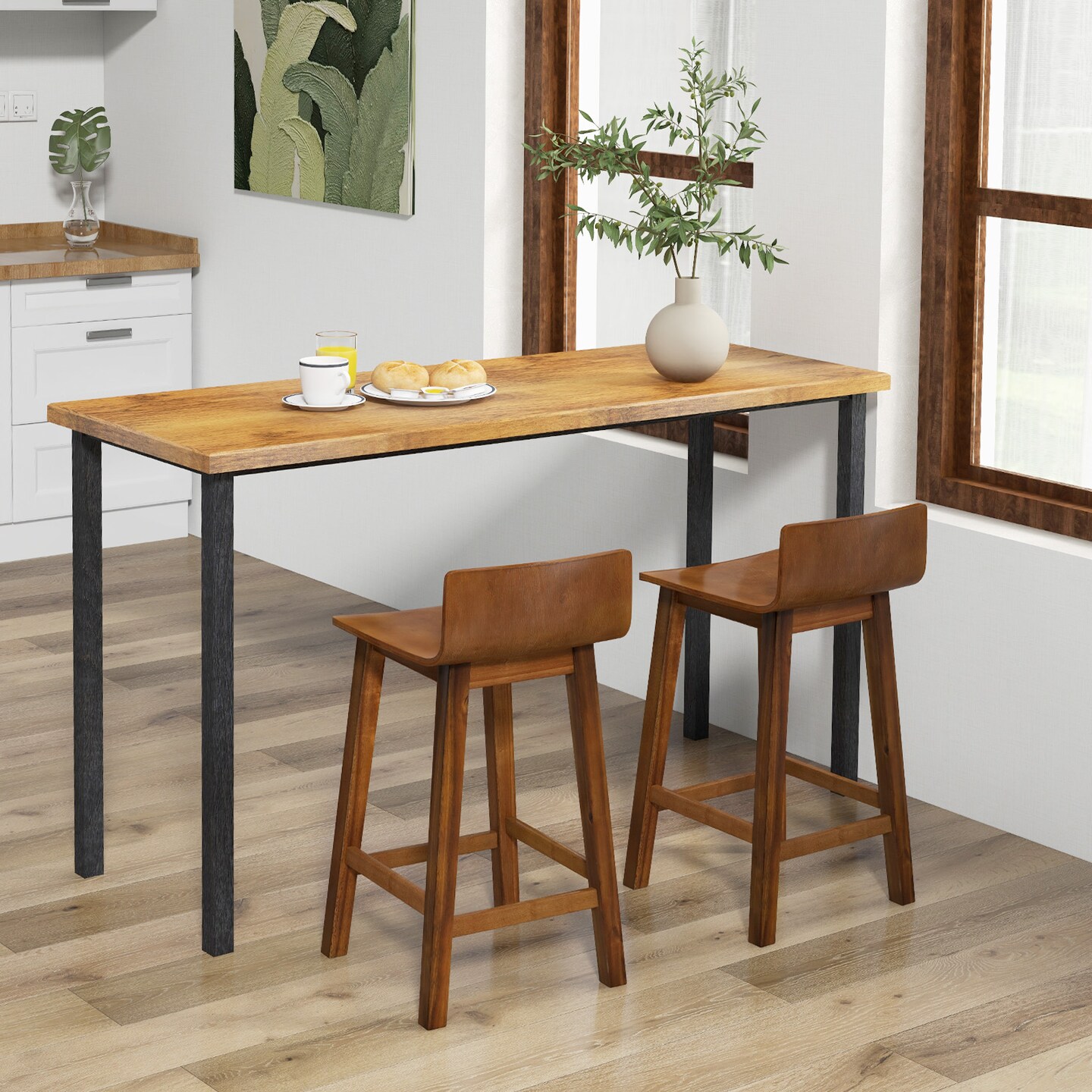 Mid Century Counter Height Bar Stools Set of 2 Solid Wood Seat with Backrest Brown