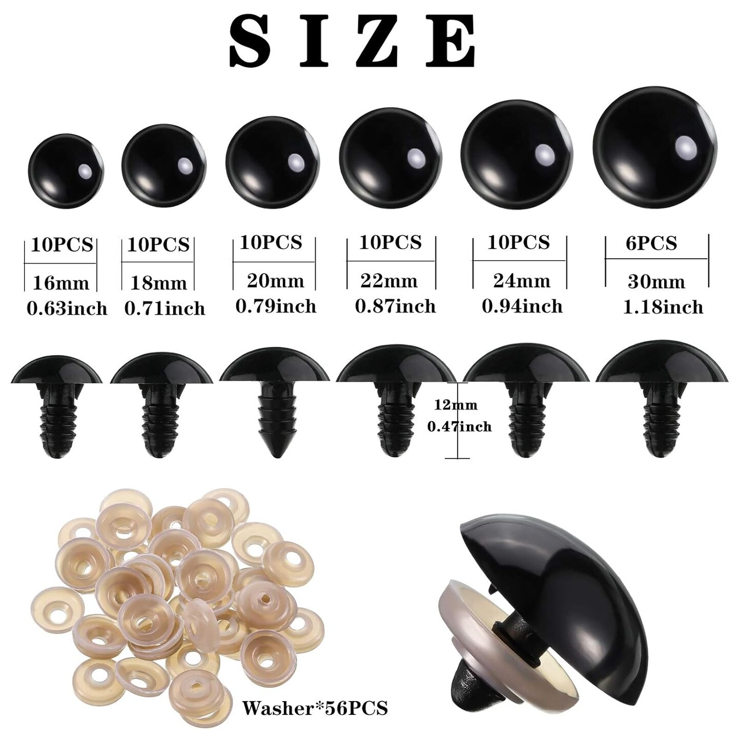 thumbnail image 2 of PATIKIL 30mm Safety Eyes - 30-Pack Black Plastic Eyes With Washers For Stuffed Animals & DIY Crafts 2 of 10