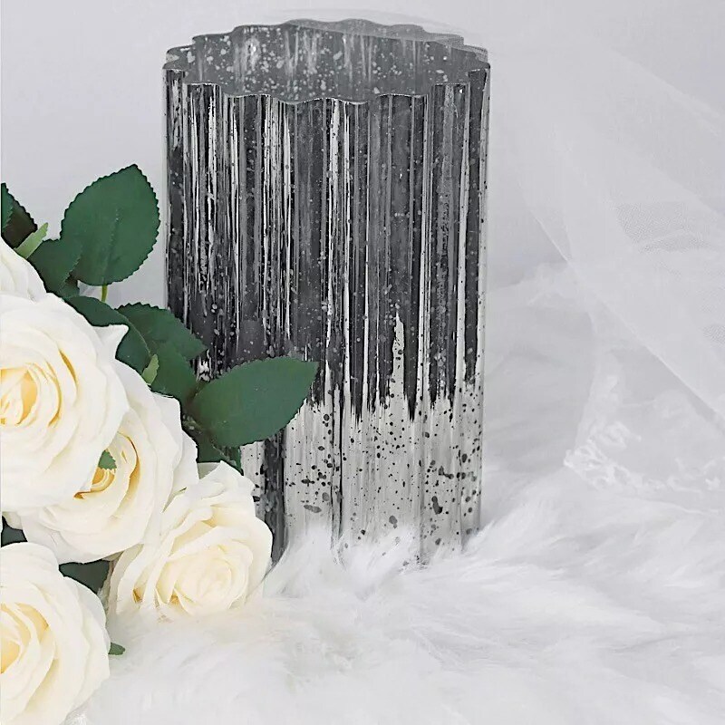 SILVER 9&#x22; Wavy Design Mercury GLASS Hurricane CANDLE HOLDER