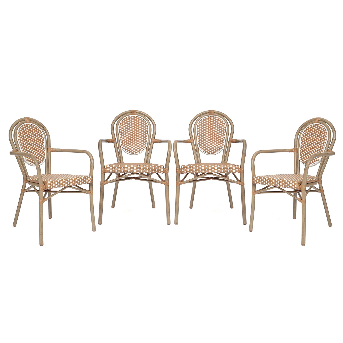 Merrick Lane Celia Set of Four Stacking Thonet Bistro Style Chair with Arms, PE Rattan Seat, and Metal Frame for Indoor/Outdoor Use