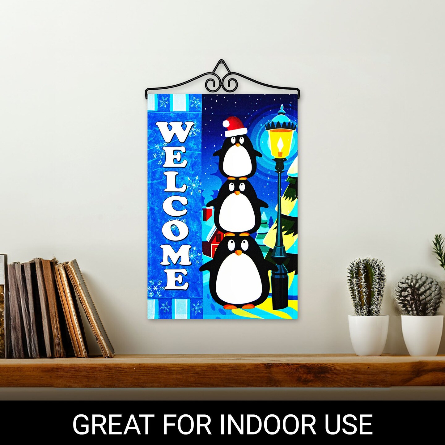 G128 Combo Pack Garden Flag Hanger 14IN & Garden Flag Welcome 3 Penguins 12x18IN Printed 150D Polyester