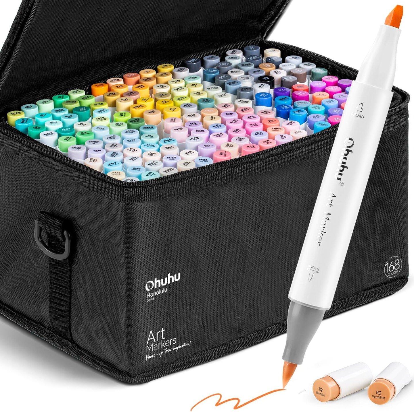 Ohuhu Alcohol Brush Markers 168-color Art Marker Set Double Tipped Alcohol-based Markers for Artist Adults Coloring Illustration- Brush &#x26; Chisel -w/ 1 Alcohol Marker Blender- Honolulu - Refillable Ink
