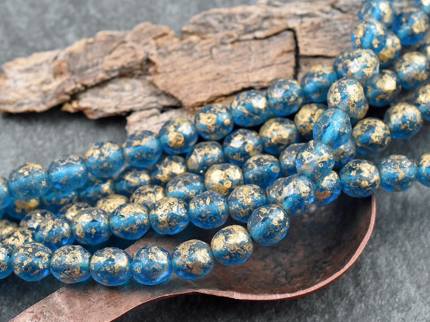 *20* 8mm Gold Washed Etched Capri Blue Fire Polished Round Beads