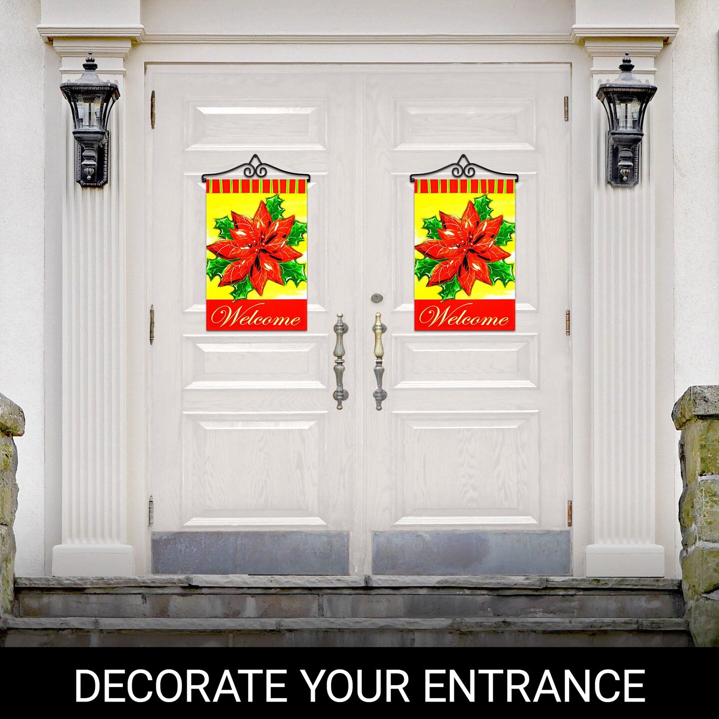 G128 Combo Pack Garden Flag Hanger 14IN & Garden Flag Welcome Red Poinsettia 12x18IN Printed 150D Polyester