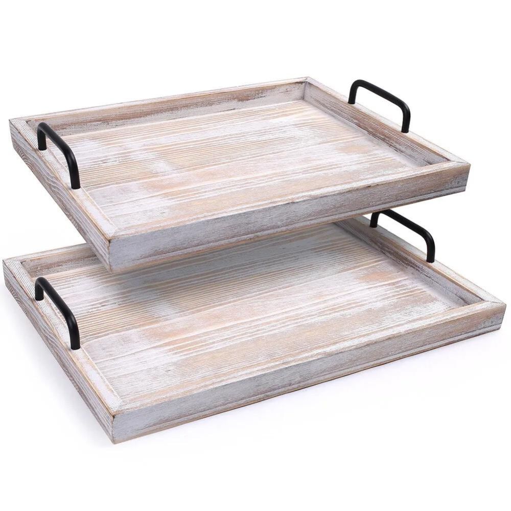 2pcs Rustic Wood Serving Trays with Metal Handles