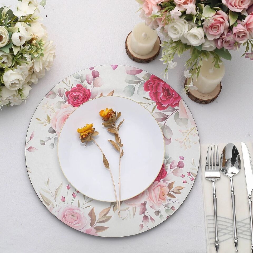 6 Round 13 in Plastic CHARGER PLATES Assorted Rose Flower Design