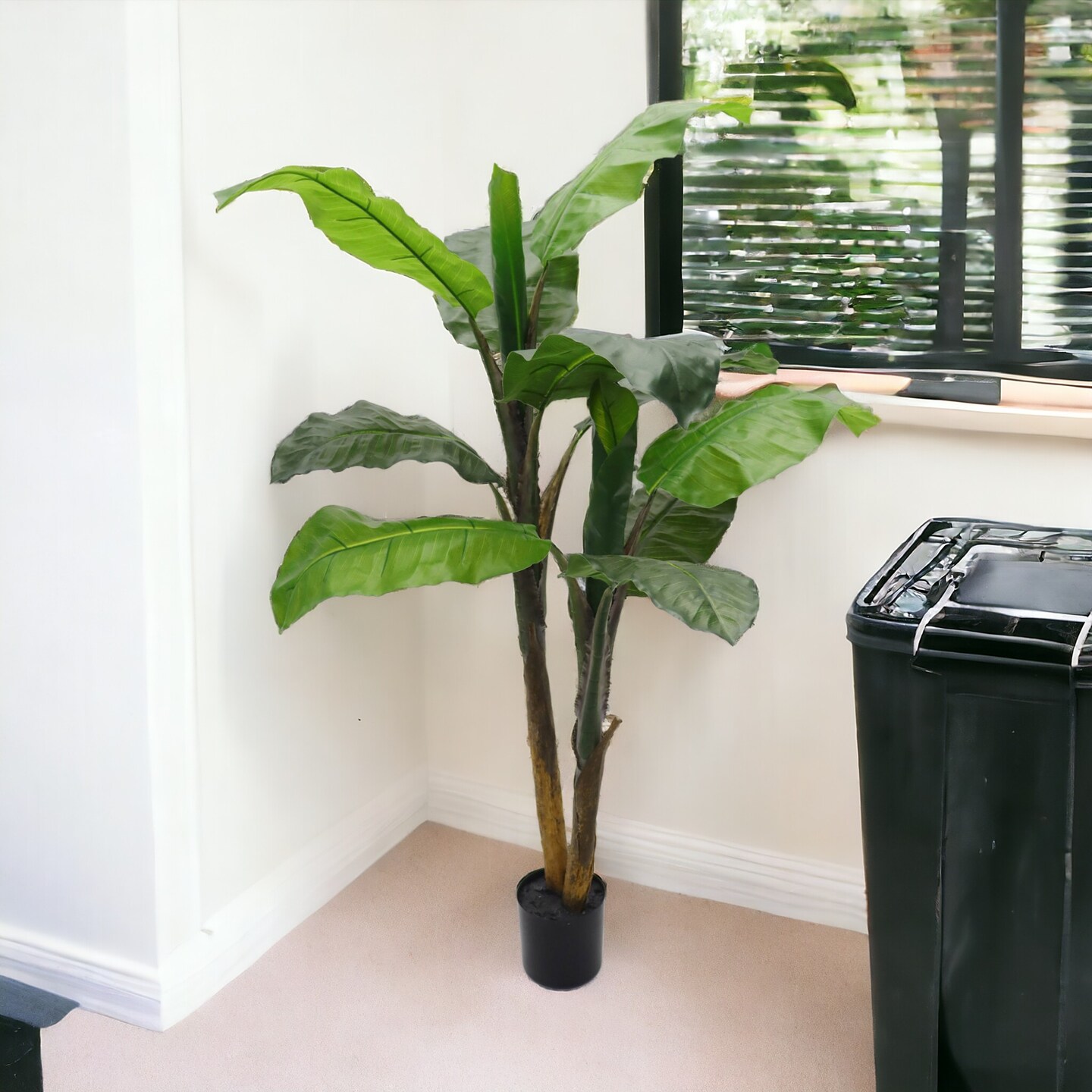 4ft Banana Tree in Black Pot with 12 Silk Leaves by Floral Home&#xAE;