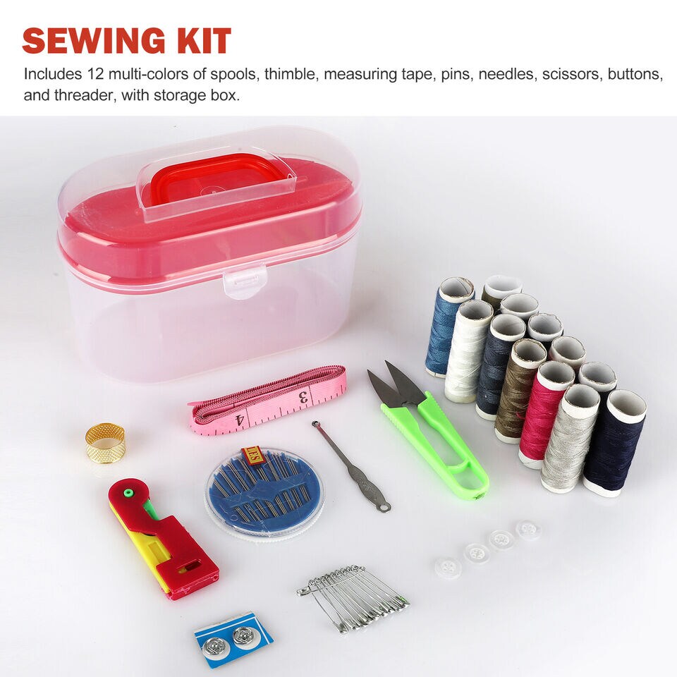 Travel Sewing Kit with Thread, Needles, Scissors, and Storage Box