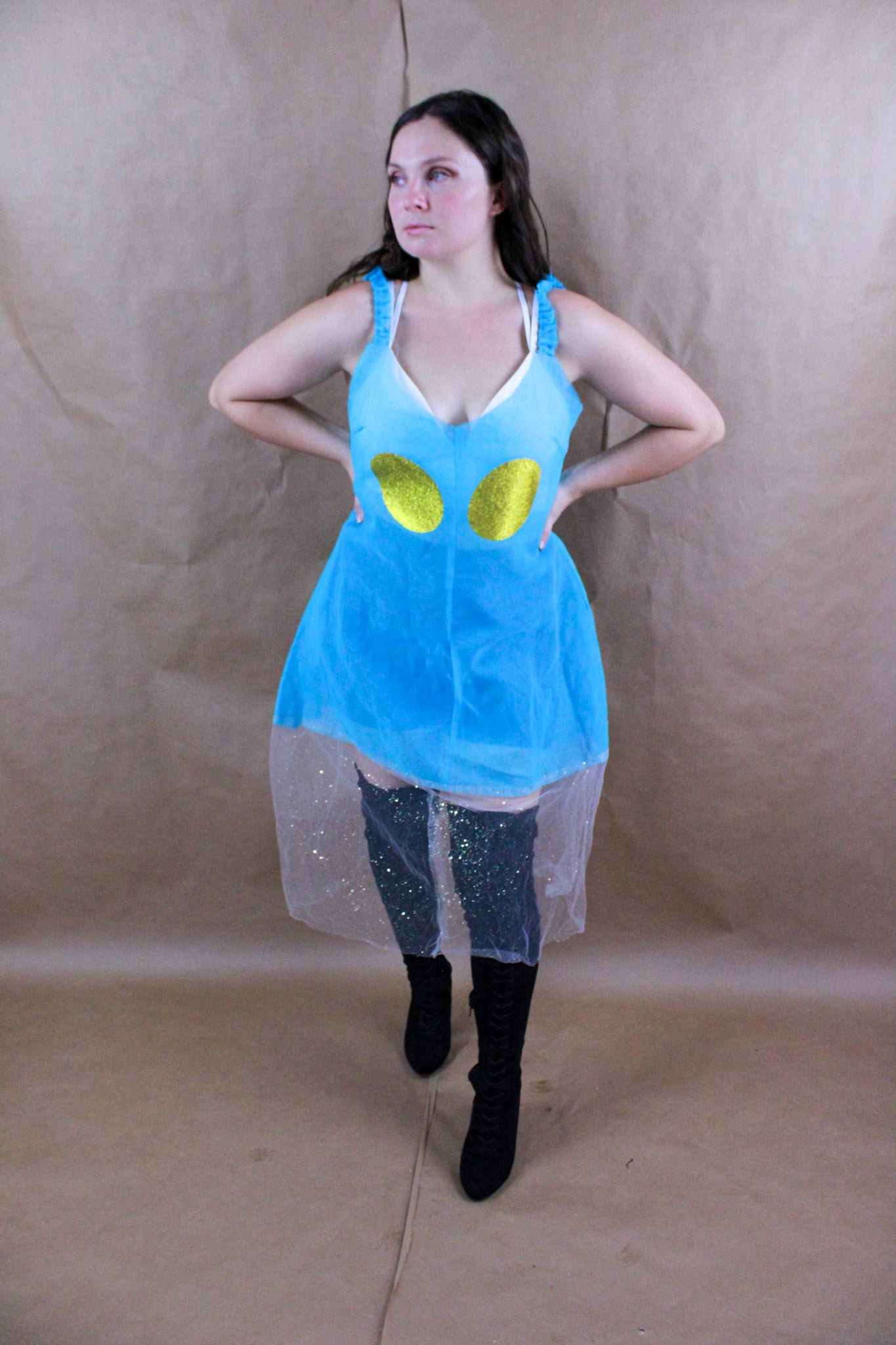 product name is Blue Sheer and Gold Glitter Tulle Cami dress