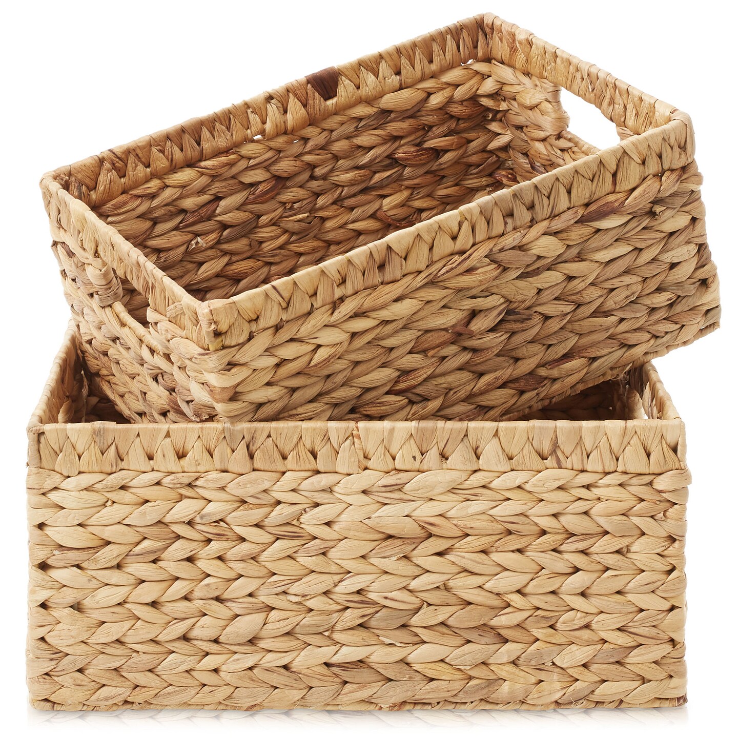 Casafield Set of 2 Water Hyacinth Storage Baskets with Handles - Woven Organizers for Bathroom, Laundry, Pantry, Office, Shelves