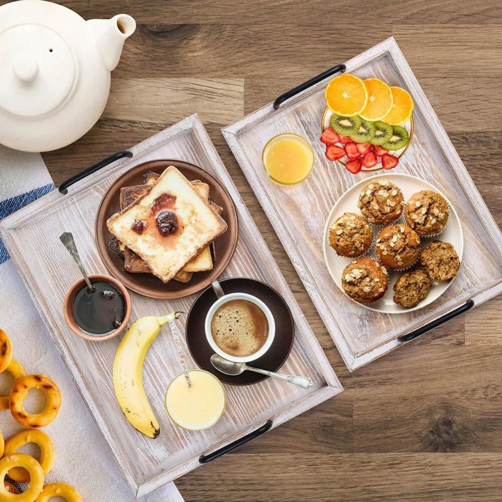 2pcs Rustic Wood Serving Trays with Metal Handles