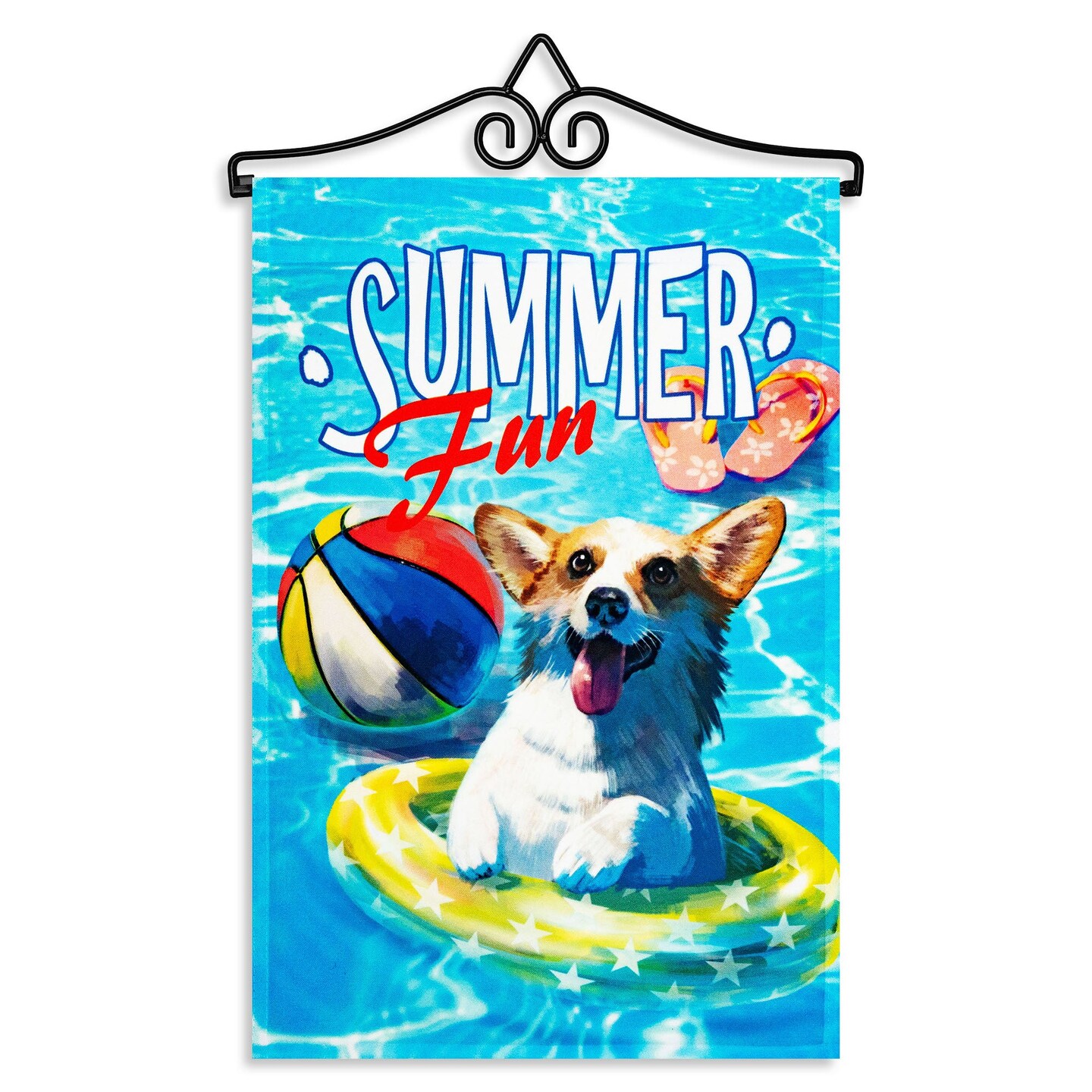 G128 Combo Pack Garden Flag Hanger 14IN & Garden Flag Summer Fun with Dog in Pool 12x18IN Printed 150D Polyester